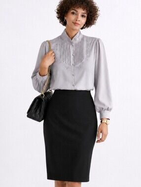 Kara | Vintage Gray Blouse Pin Tuck Pleated High Neck Floral